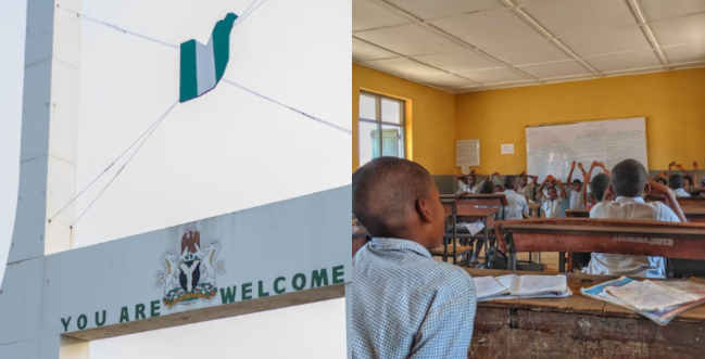 pupils in a classroom and Nigerian flag