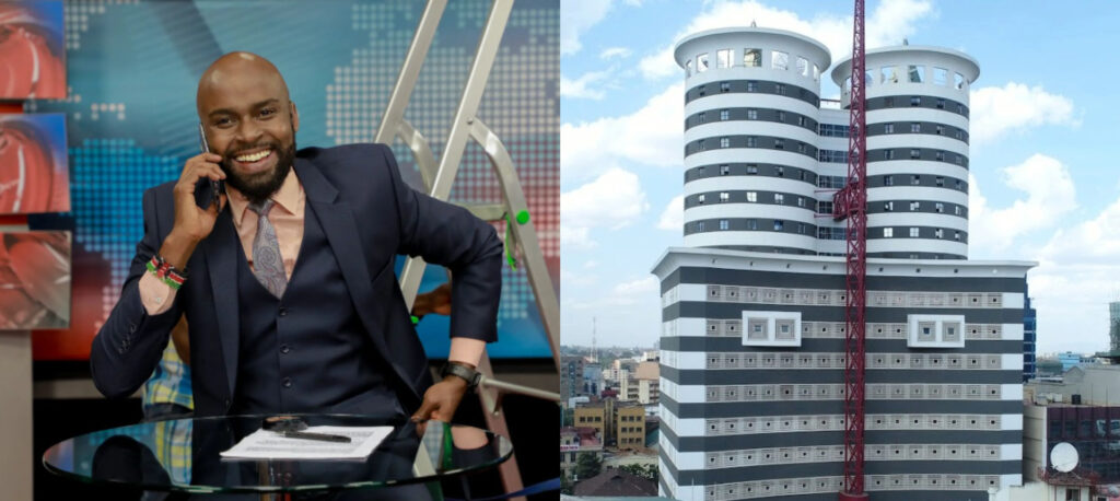 Journalist Mark Masai and a photo of Nation Media Group's Twin Towers in Nairobi