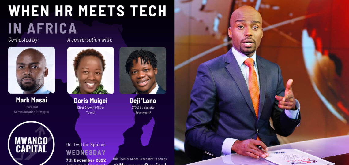 A poster for a Twitter Spaces event and a photo of journalist Mark Masai