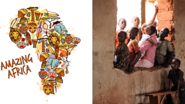 Map of Africa and children in unfinished building