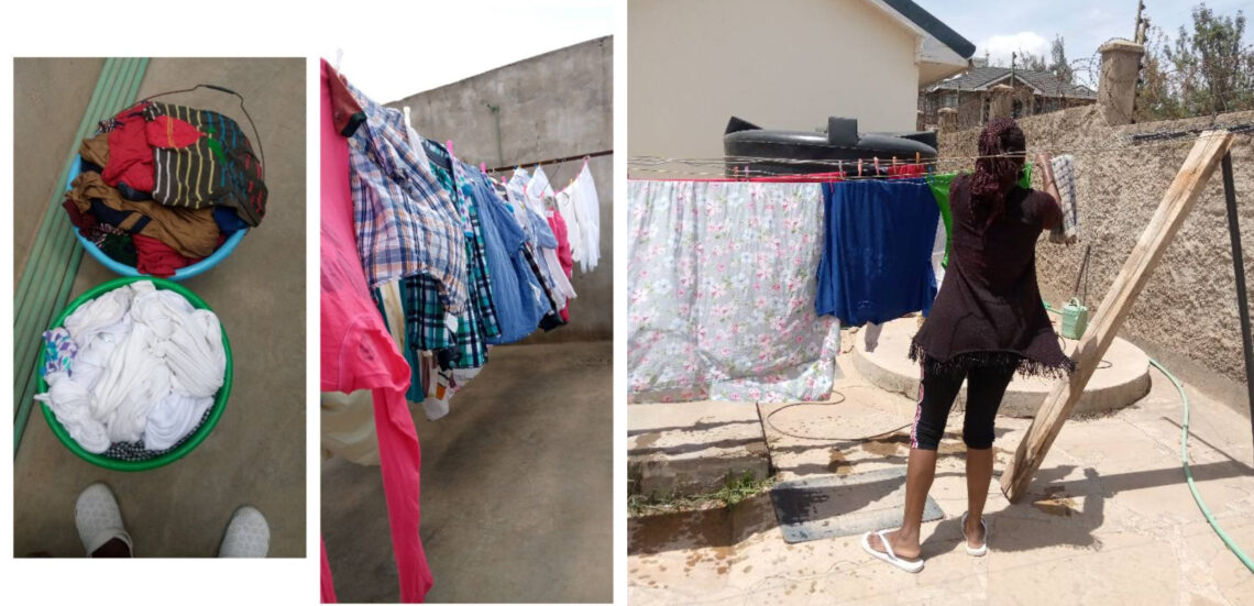 A woman washing clothes and hanging them to dry