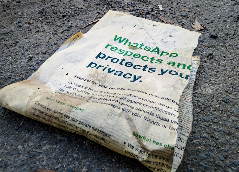 A dirt newspaper with privacy message.